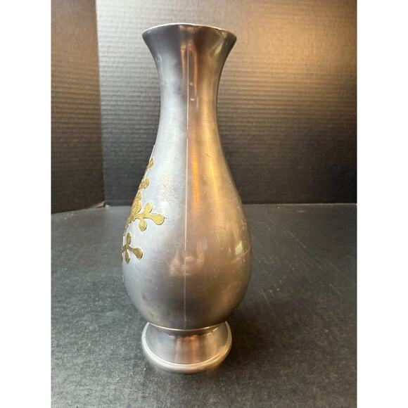 Vtg Metal Pewter w/Brass Floral Overlay Decorative Vase 8.5" Tall Hong Kong - Picture 2 of 8